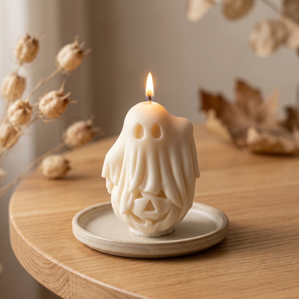 Bougie artisanale blanche en forme de fantôme allumée sur une coupelle en céramique dans un décor bois chaleureux