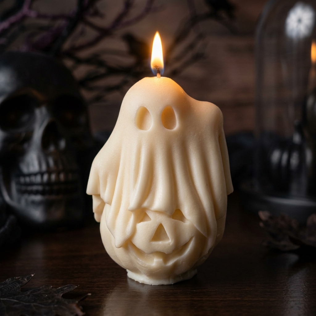 Bougie artisanale allumée en forme de fantôme blanc sculpté sur une citrouille avec fond sombre d'Halloween