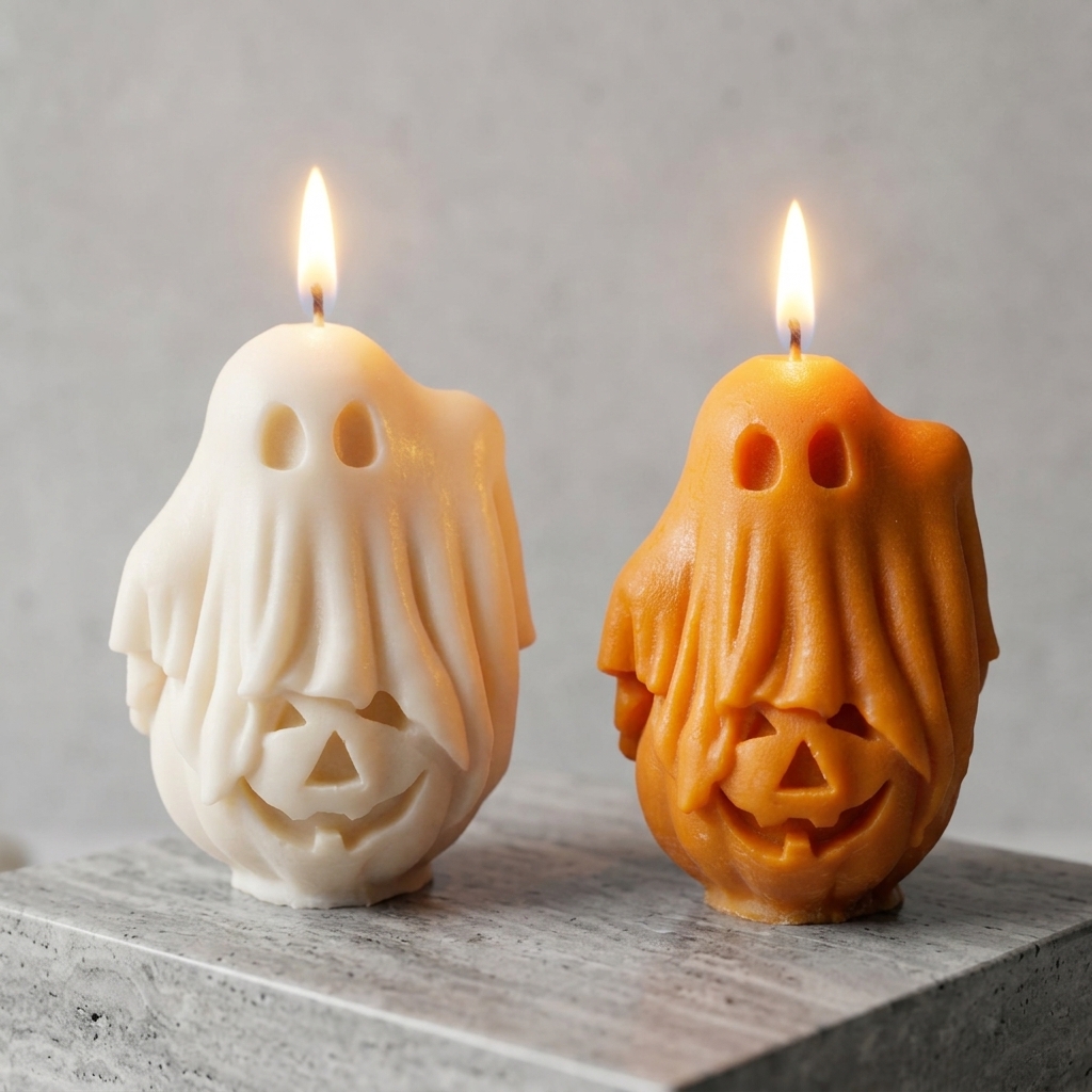Bougie artisanale en forme de fantôme blanc et orange allumée sur un socle en pierre décoratif