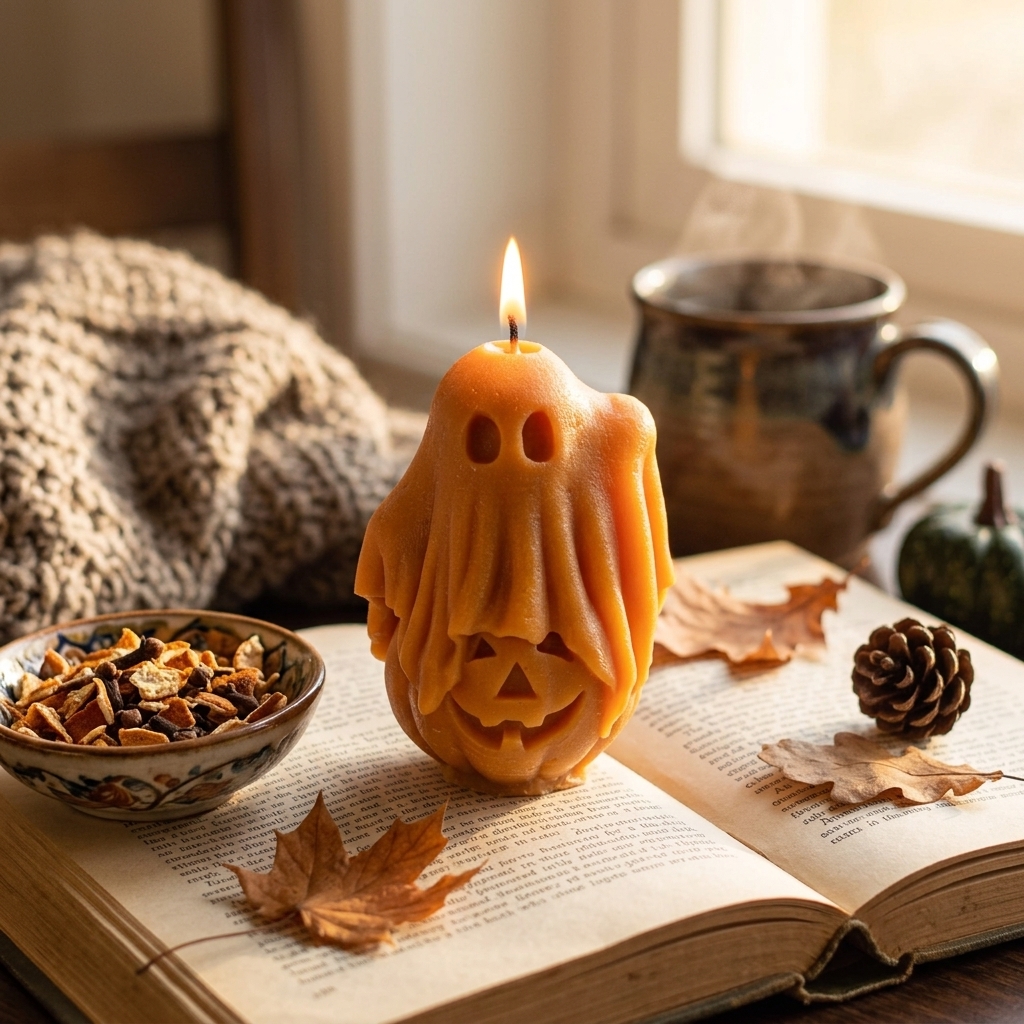 Bougie artisanale en forme de fantôme et citrouille d'Halloween allumée sur un livre d'automne