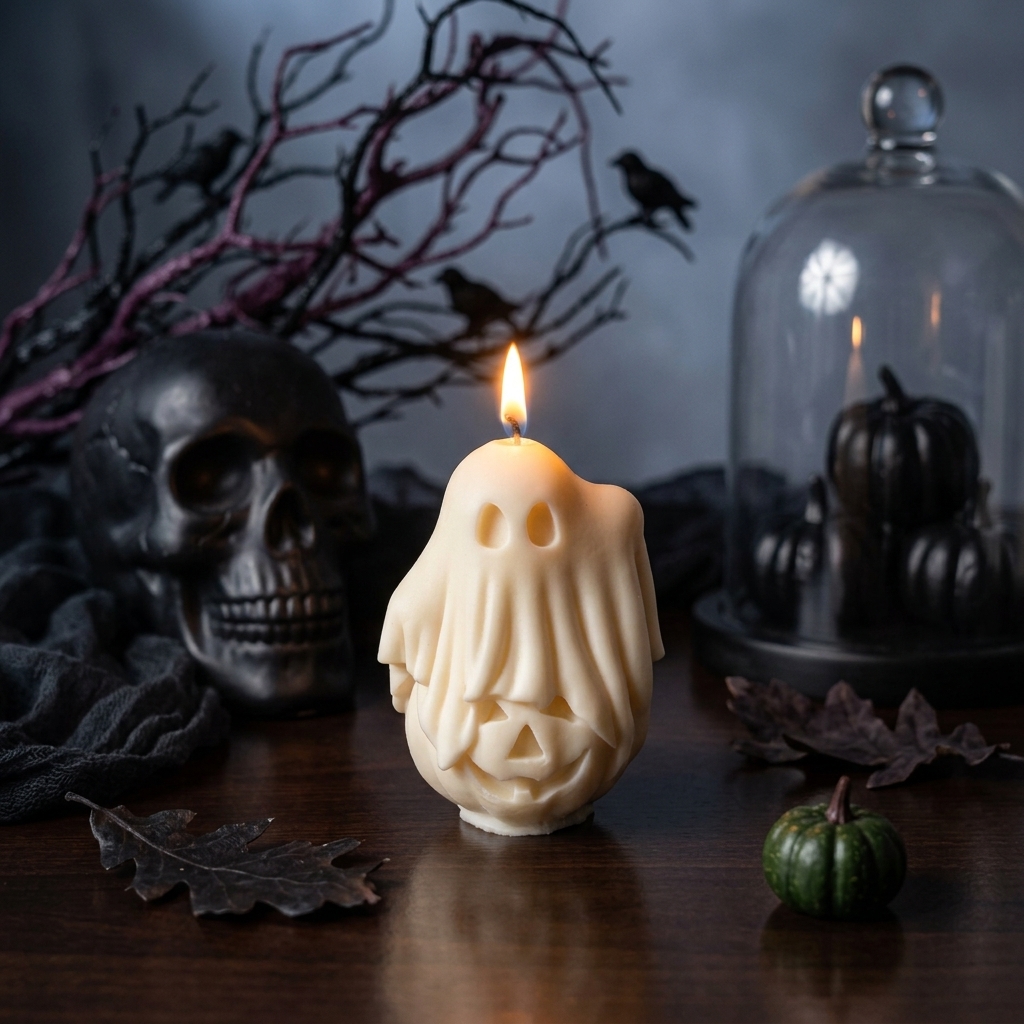 Bougie artisanale en forme de fantôme allumée devant un crâne noir et un cloche en verre pour Halloween