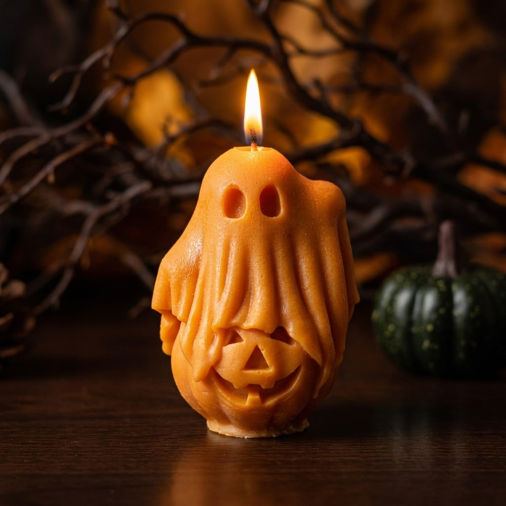 Bougie artisanale orange sculptée en fantôme d'Halloween allumée sur fond sombre