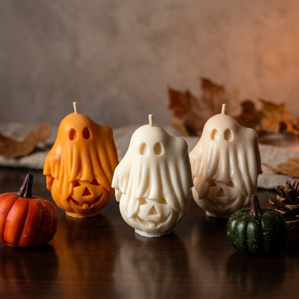 Trio de bougies artisanales d'Halloween en forme de fantômes orange et blancs posées avec des petites citrouilles décoratives
